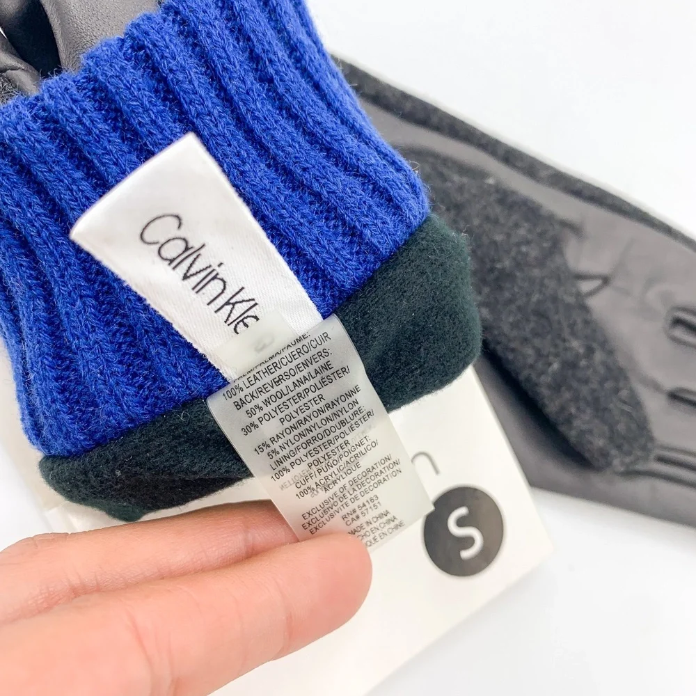 Calvin Klein Charcoal & Blue Leather & Wool Gloves